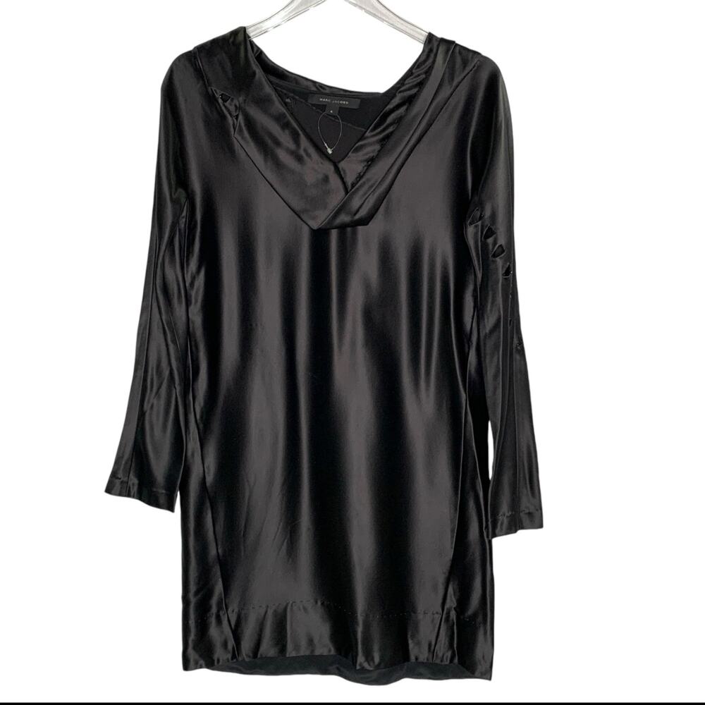 Marc Jacobs 4 Womens Satin Black Mini Dress Cut Out Detail Sleeve Party Cocktail